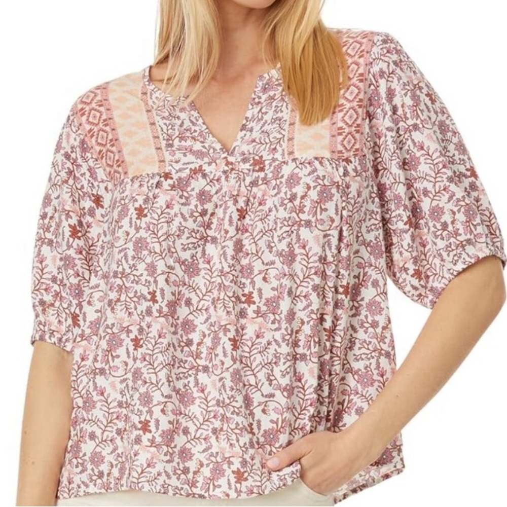 Lucky Brand Pink Floral Split-Neck Peasant Blouse